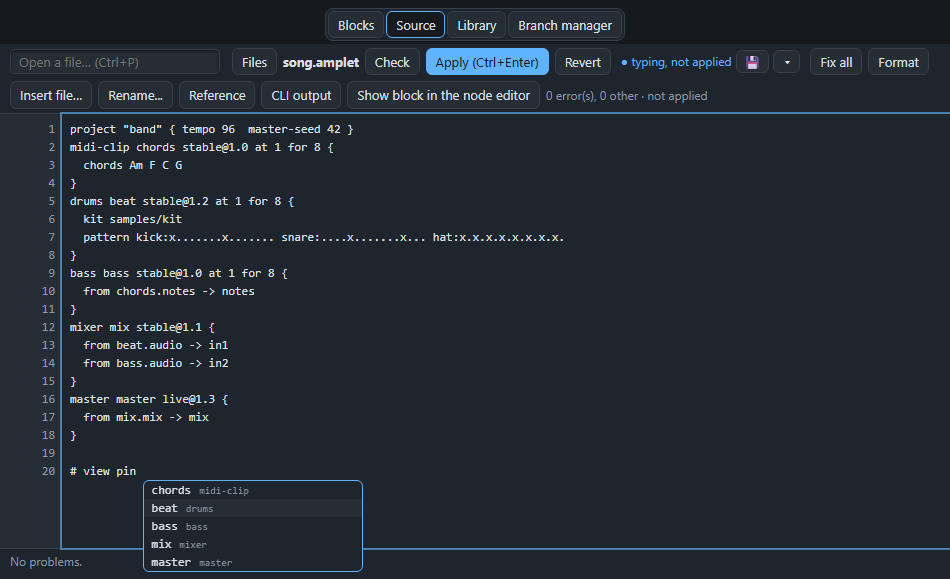 Ctrl+Space after # view pin: the blocks of the song that can be pinned.
