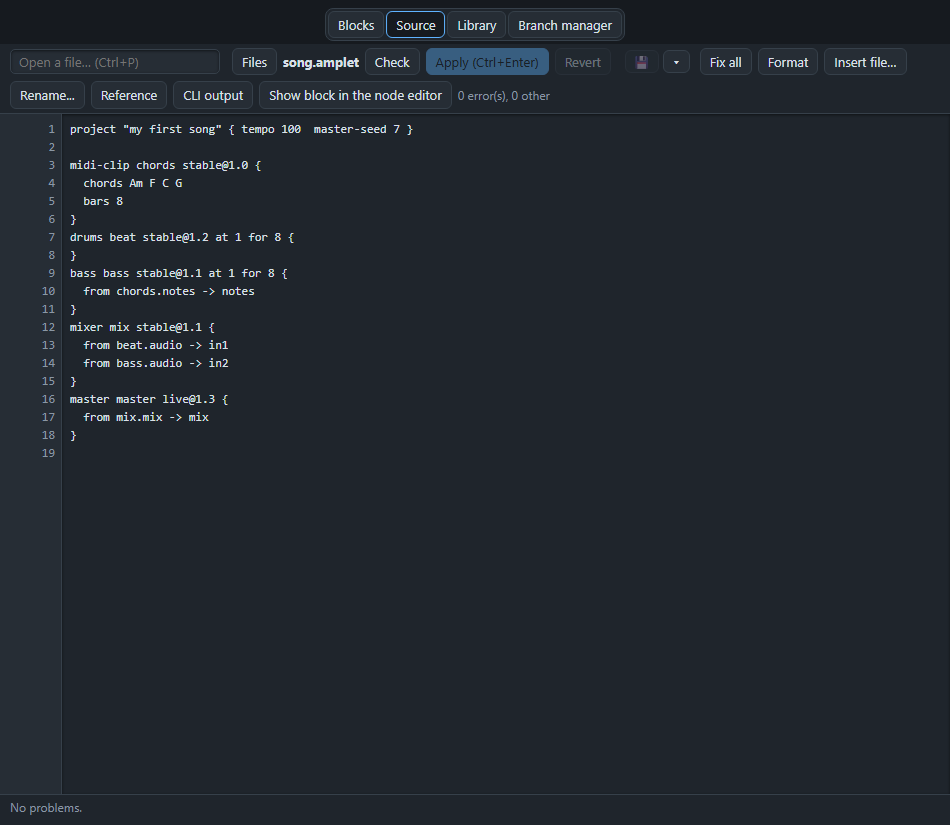 The Source view shows the song as text. Everything on this page can be typed there.