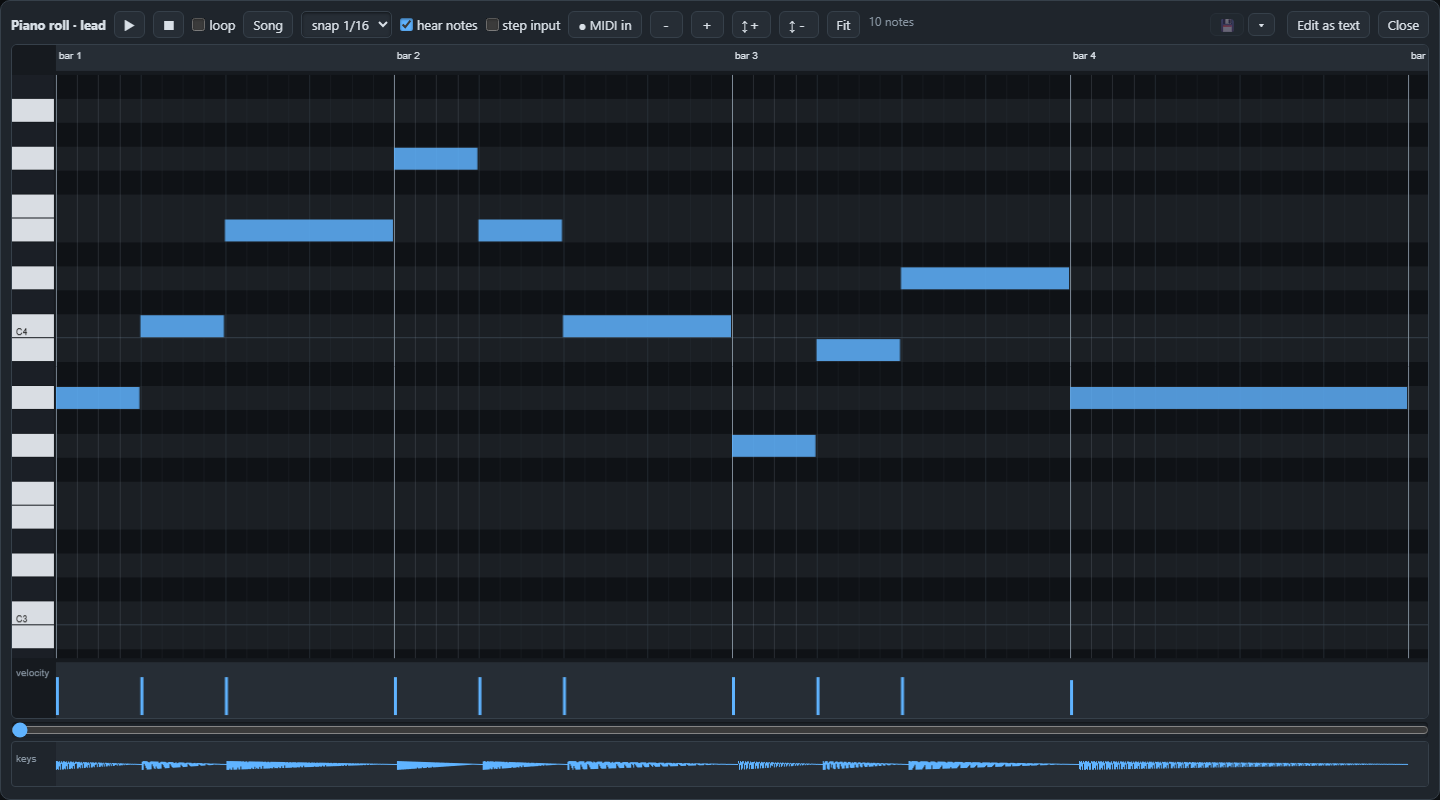 The piano roll of the clip "lead". Time runs from left to right, in bars; the pitch goes up the keys on the left. The bars at the bottom show how hard each note is played.