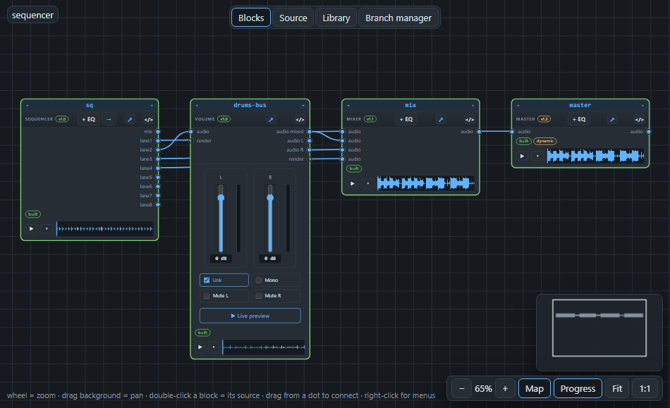 A sequencer block in the graph. It has a mix output and eight lanes.