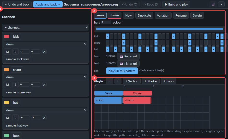 The workspace. 1: the channels. 2: the patterns, with a grid for each drum. 3: the playlist.